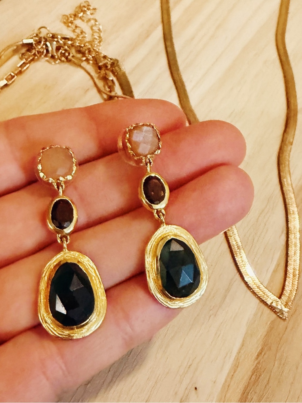 Gold Plated Gemstone Drop Earrings with Topaz, and Rose Quartz Stones